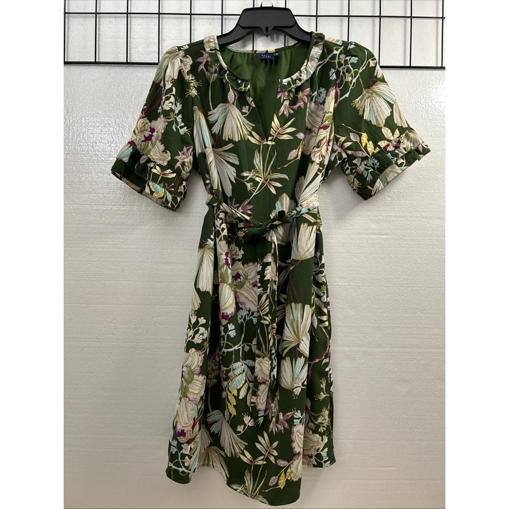 Kaari Blue Women S Green Floral Short Sleeve Belted Dress SKU 60078